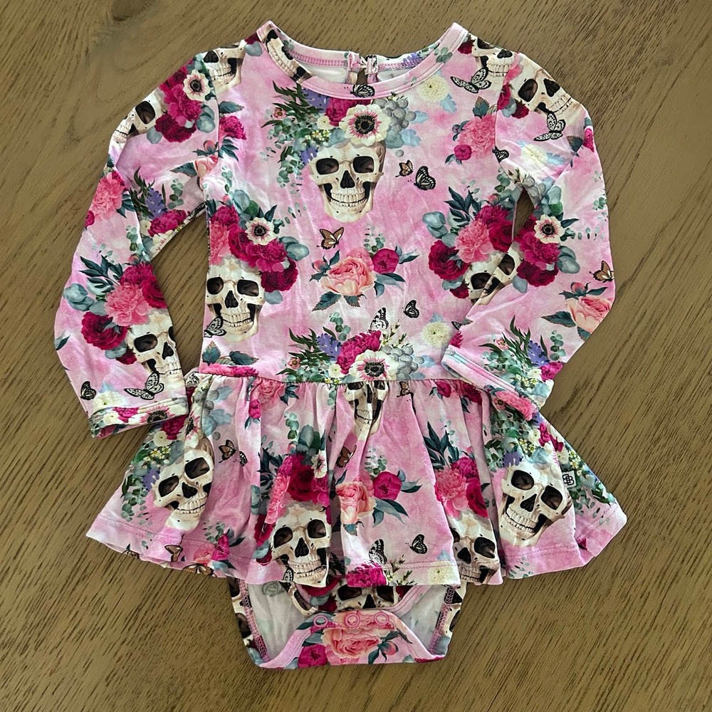 Little Bum Bums Bamboo Baby Bodysuit Twirl Dress 18-24 Months Pink Skull